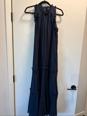 ME+EM Navy Sleeveless Cheesecloth Maxi Dress with Ruffle Trim and Waist Tie